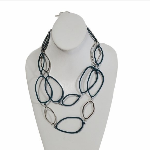 Double geometric necklace green silver 23.5" Layered - Picture 1 of 4